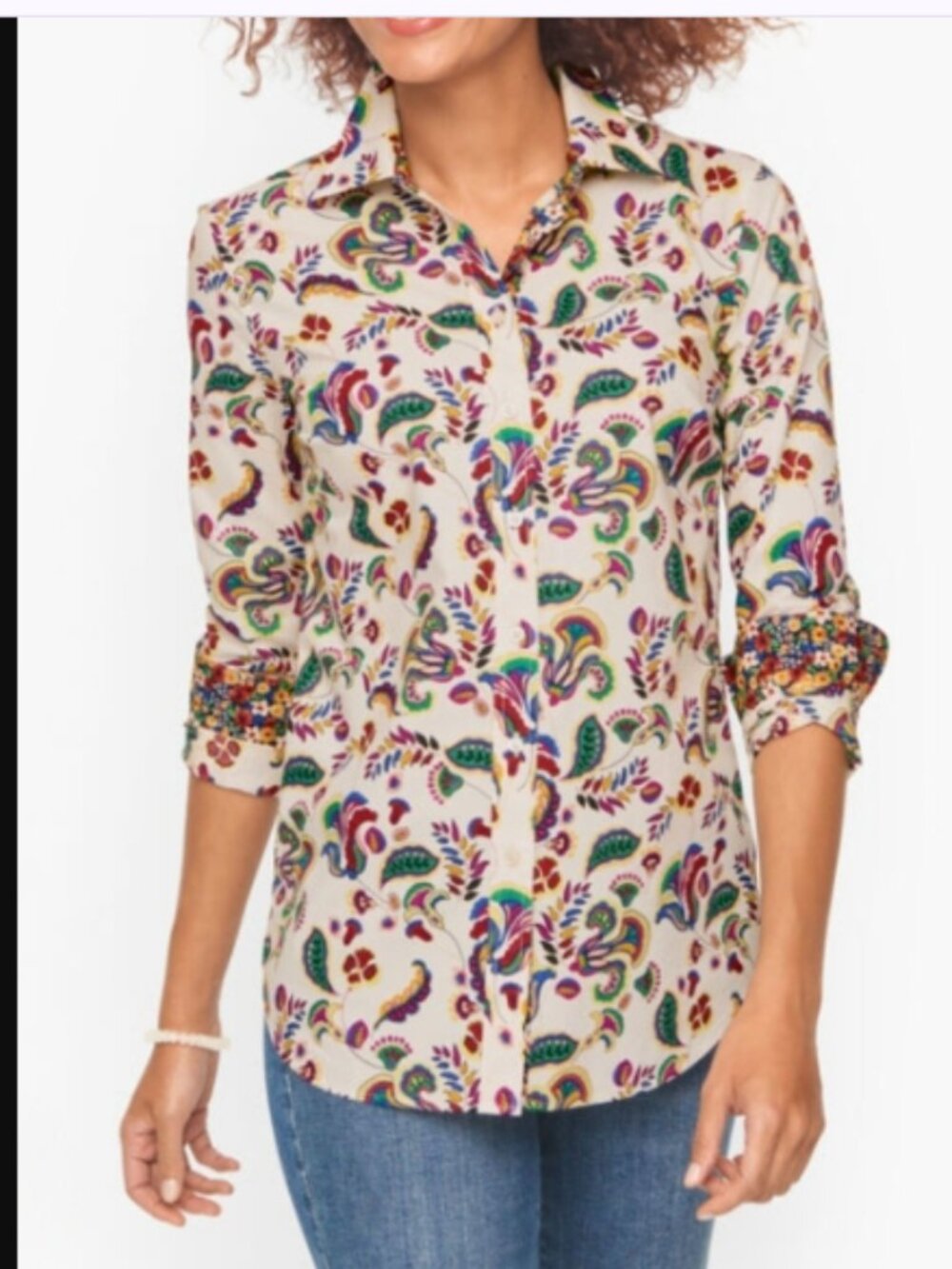 Talbots Cotton Button Front Shirt - Colorful Foulard 100% Cotton Preppy Size L